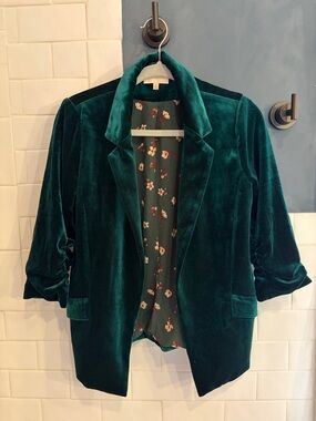 Velvet Open-Front Blazer Jacket - Emerald Green